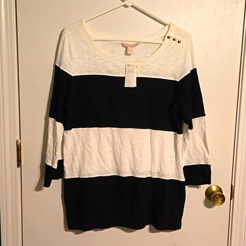 New Banana Republic Woman's L Black And White Striped 3/4 Sleeve Shirt